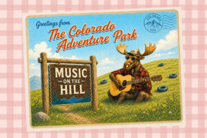 Music on the Hill promotion - post card style with Moose playing guitar next to sign for Music on the Hill